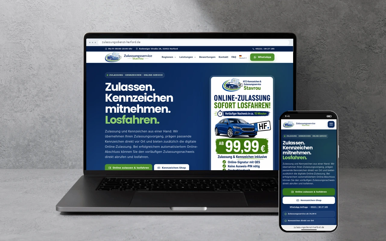 Zulassungsservice Stavrou: Zulassungsdienst-Website auf Laptop und Smartphone