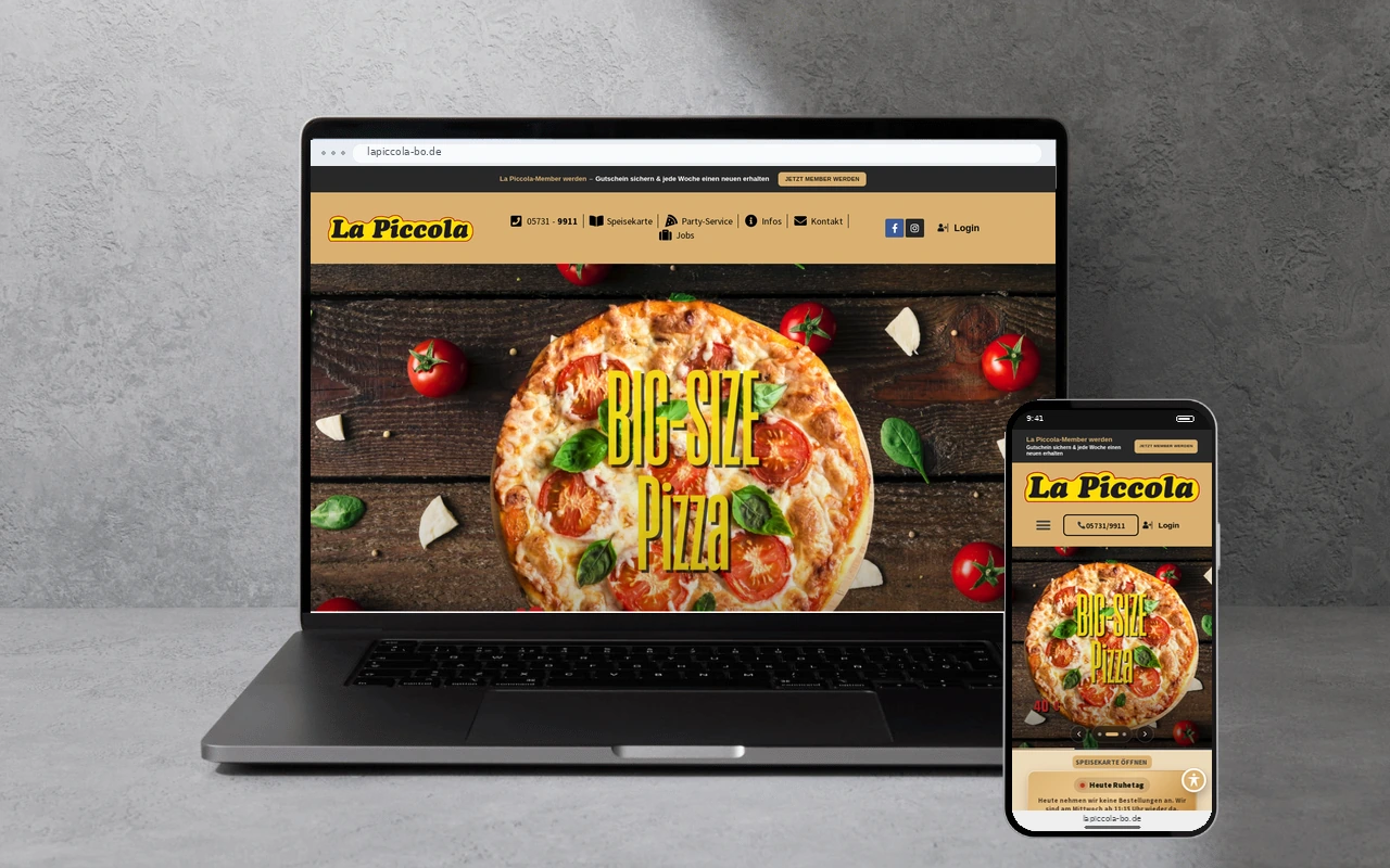La Piccola: Pizzeria & Lieferdienst-Website auf Laptop und Smartphone