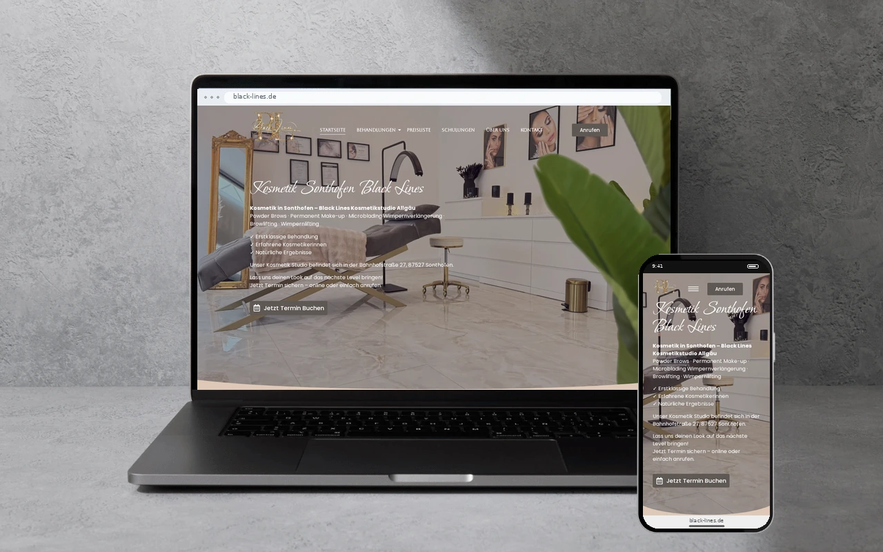 Black Lines: Kosmetik & Beauty-Website auf Laptop und Smartphone