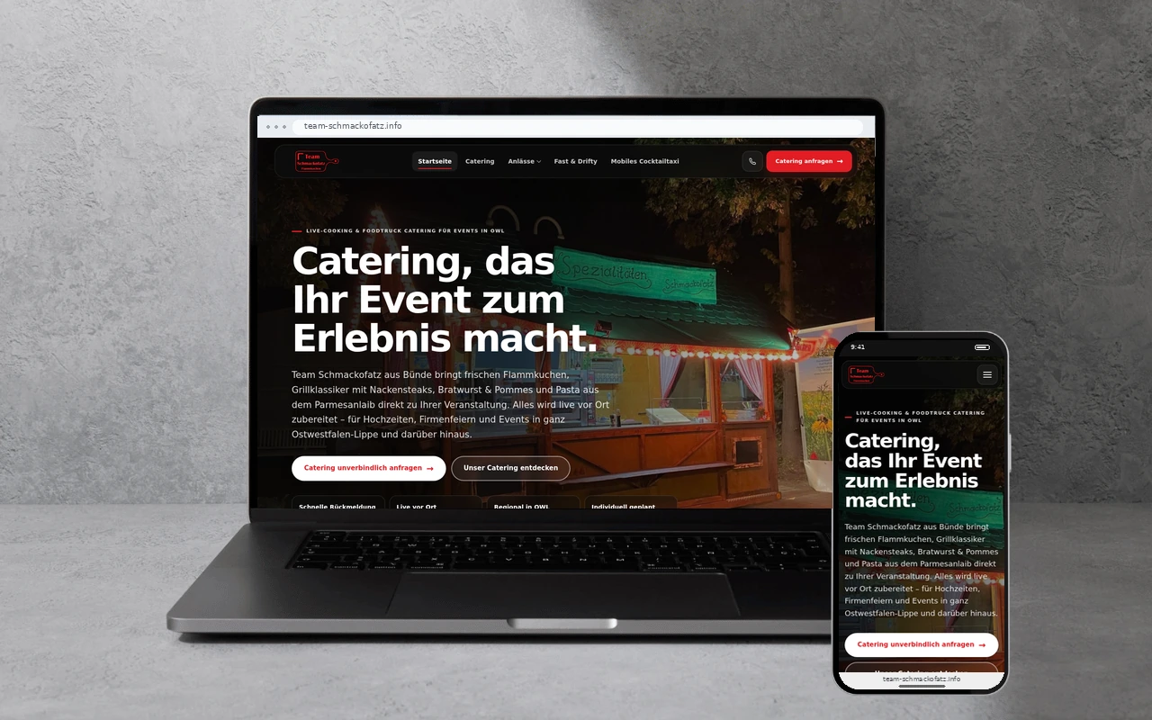 Team Schmackofatz: Foodtruck & Catering-Website auf Laptop und Smartphone