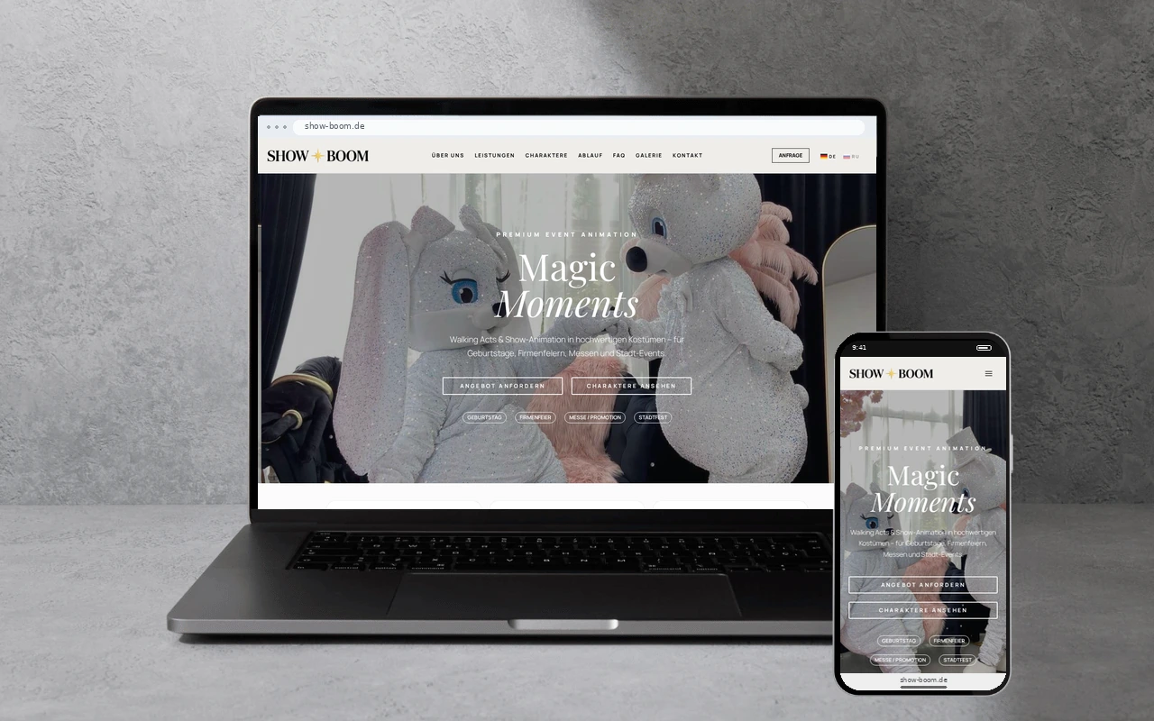 Show Boom: Entertainment & Events-Website auf Laptop und Smartphone