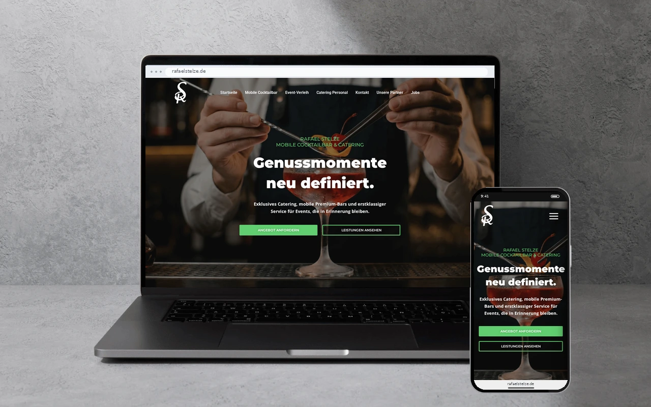 Rafael Stelze: Cocktails & Eventcatering-Website auf Laptop und Smartphone
